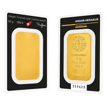 Default 50 gram Argor Heraeus Gold Bar .9999 Fine (In Assay)