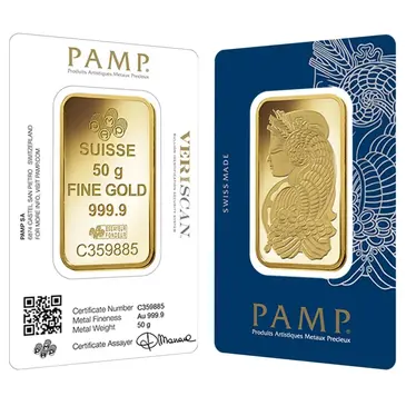 PAMP Suisse 50 gram Gold Bar PAMP Suisse Lady Fortuna Veriscan .9999 Fine (In Assay)