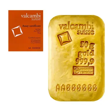 Default 50 gram Gold Bar Valcambi Suisse .9999 Fine (Cast, w/Assay)