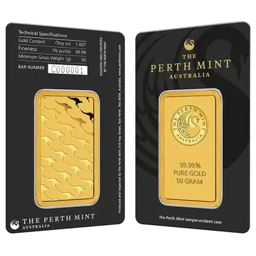 Australian 50 gram Perth Mint Gold Bar .9999 Fine (In Assay)