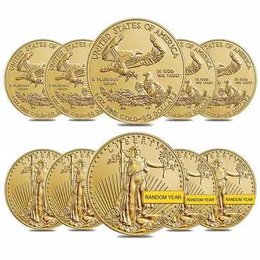 Default Lot of 10 - 1 oz Gold American Eagle $50 Coin BU (Random Year)