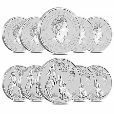 Default Lot of 10 - 2023 2 oz Silver Lunar Year of The Rabbit BU Australian Perth Mint In Cap (2 Rolls of 5)
