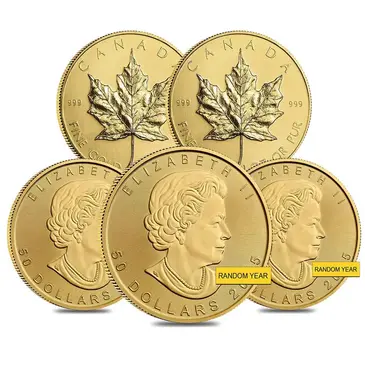Default Lot of 5 - 1 oz Canadian Gold Maple Leaf $50 Coin (Random Year)