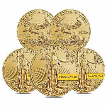 Default Lot of 5 - 1 oz Gold American Eagle $50 Coin BU (Random Year)