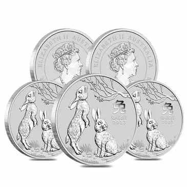 Default Roll of 5 - 2023 2 oz Silver Lunar Year of The Rabbit BU Australian Perth Mint In Cap (Tube, Lot of 5)