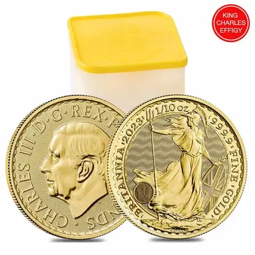 Default Tube of 25 - 2023 Great Britain 1/10 oz Gold Britannia King Charles III Coin .9999 Fine BU (Roll, Lot of 25)