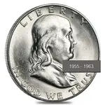 $10 Face Value Franklin Half Dollars 90% Silver 20-Coin Roll BU (1955-1963)
