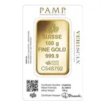 100 gram Gold Bar PAMP Suisse Lady Fortuna Veriscan .9999 Fine (In Assay)