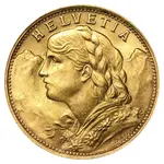 20 Francs Swiss Helvetia Vreneli Gold Coin AGW .1867 oz AU/BU (1897-1949, Random Year)