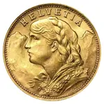 French 20 Francs Swiss Helvetia Vreneli Gold Coin AGW .1867 AU/BU (1897-1949, Random Year)