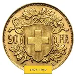 20 Francs Swiss Helvetia Vreneli Gold Coin AGW .1867 AU/BU (1897-1949, Random Year)