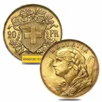 20 Francs Swiss Helvetia Vreneli Gold Coin AGW .1867 AU/BU (1897-1949, Random Year)
