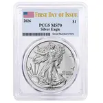Default 2026 1 oz Silver American Eagle PCGS MS 70 FDOI (Flag)