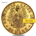 Germany Prussia 20 Marks Gold Coin Avg Circ AGW .2304 oz (1871-1915, Random Year)