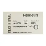 Lot of 10 - 10 oz Heraeus Silver Bar .9999 Fine (w/COA)