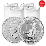 Lot of 100 - 2023 Great Britain 1 oz Silver Britannia King Charles III Coin .999 Fine BU (4 Rolls, Tube of 25)