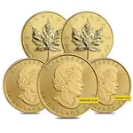 Lot of 5 - 1 oz Canadian Gold Maple Leaf $50 Coin (Random Year)