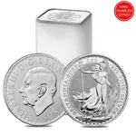 Monster Box of 500 - 2023 Great Britain 1 oz Silver Britannia King Charles III Coin .999 Fine BU (20 Rolls, Tube of 25)