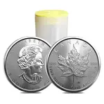 Roll of 25 - 2022 1 oz Canadian Silver Maple Leaf .9999 Fine $5 Coin BU (Lot, Tube of 25)