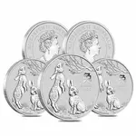 Roll of 5 - 2023 2 oz Silver Lunar Year of The Rabbit BU Australian Perth Mint In Cap (Tube, Lot of 5)