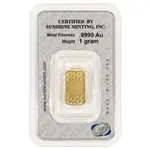Sunshine Mint 1 gram Gold Bar .9999 Fine (In Assay)